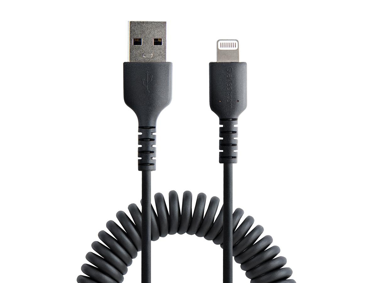 StarTech.com 1m (3ft) USB to Lightning Cable, MFi Certified, Coiled iPhone Charger Cable, Black, Durable TPE Jacket Aramid Fiber, Heavy Duty Coil Lightning Cable - Image 2