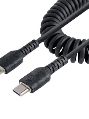 StarTech.com 1m (3ft) USB C to Lightning Cable, MFi Certified, Coiled iPhone Charger Cable, Black, Durable TPE Jacket Aramid Fiber, Heavy Duty Coil Lightning Cable (RUSB2CLT1MBC)